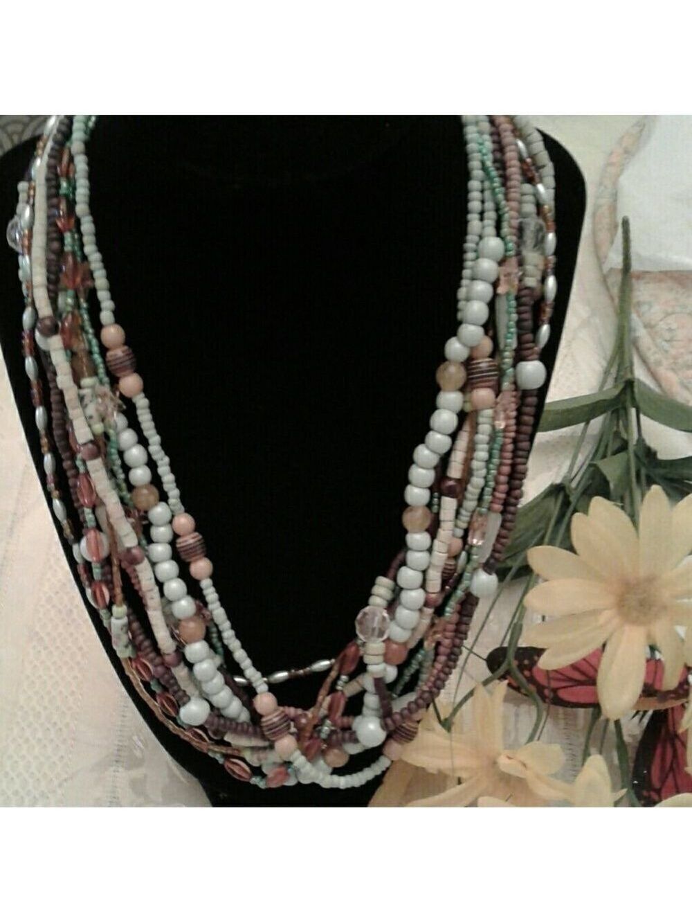 Aqua Brown beaded necklace with little stars